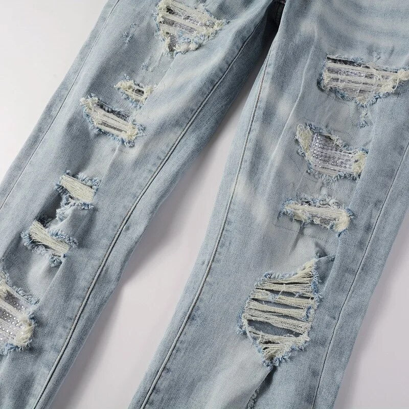 WHITE RHINESTONE STRETCH DENIM