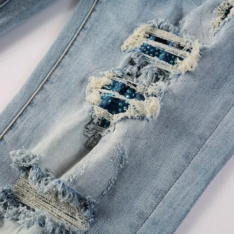 BLUE RHINESTONE STRETCH DENIM