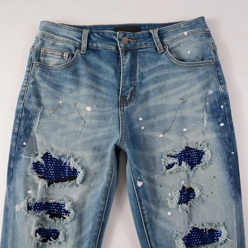 DARK BLUE RHINESTONE STRETCH DENIM