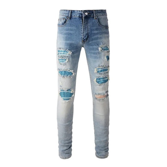 BLUE RHINESTONE STRETCH DENIM