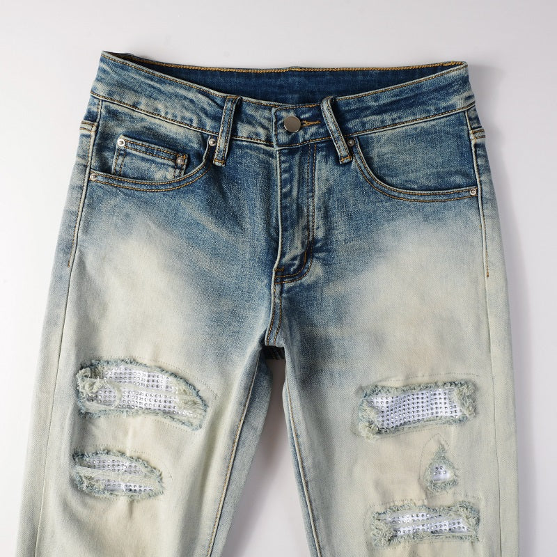 WHITE RHINESTONE V2 STRETCH DENIM