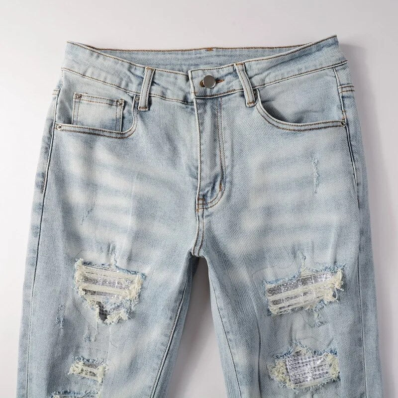 WHITE RHINESTONE STRETCH DENIM