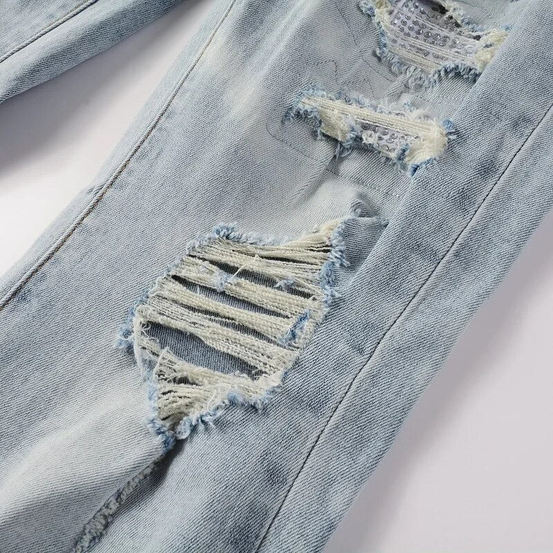 WHITE RHINESTONE STRETCH DENIM