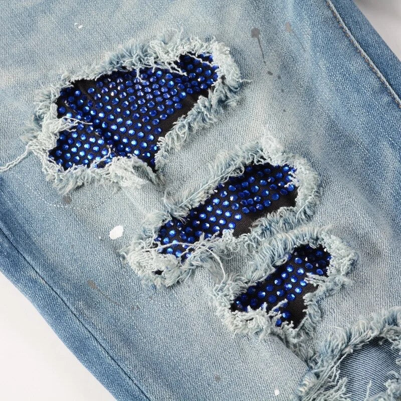 DARK BLUE RHINESTONE STRETCH DENIM