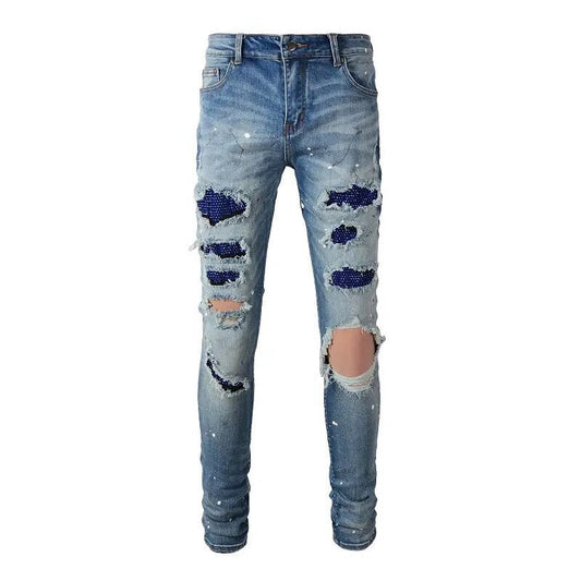 DARK BLUE RHINESTONE STRETCH DENIM