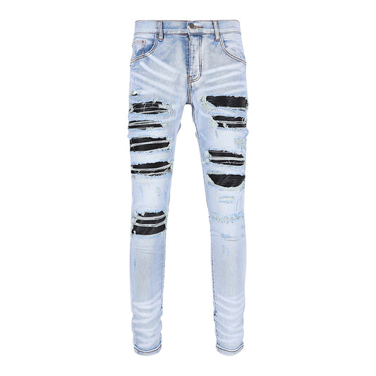 PLEATED BIKER STRETCH DENIM